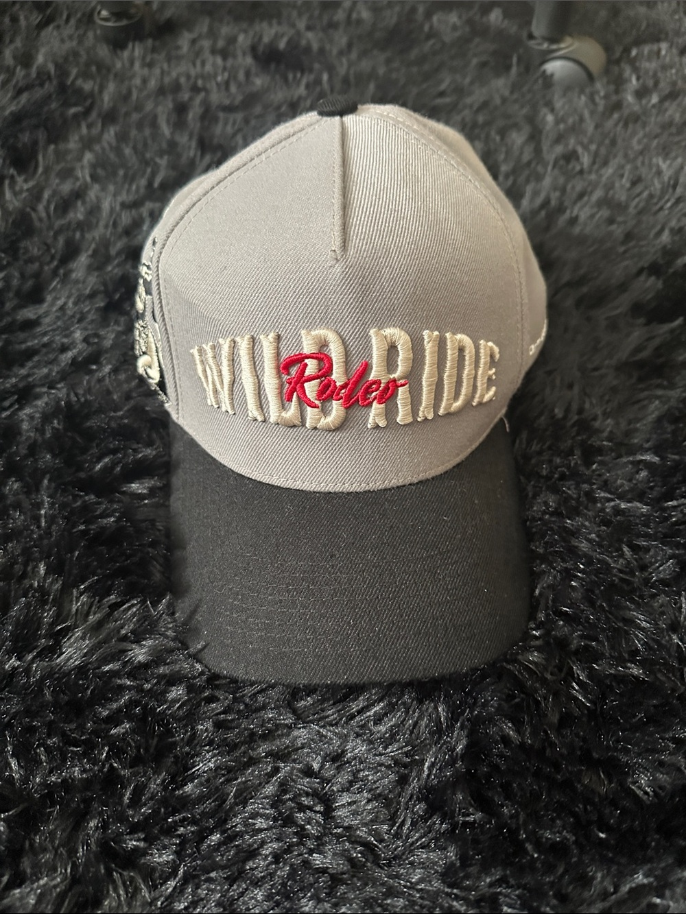 Grey and Black 'Wild Ride' Embroidered Baseball Cap with Red Accent
